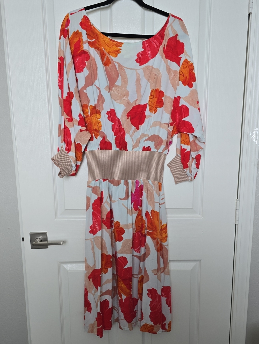 Maeve White Midi Dress with Red & Orange Floral Print